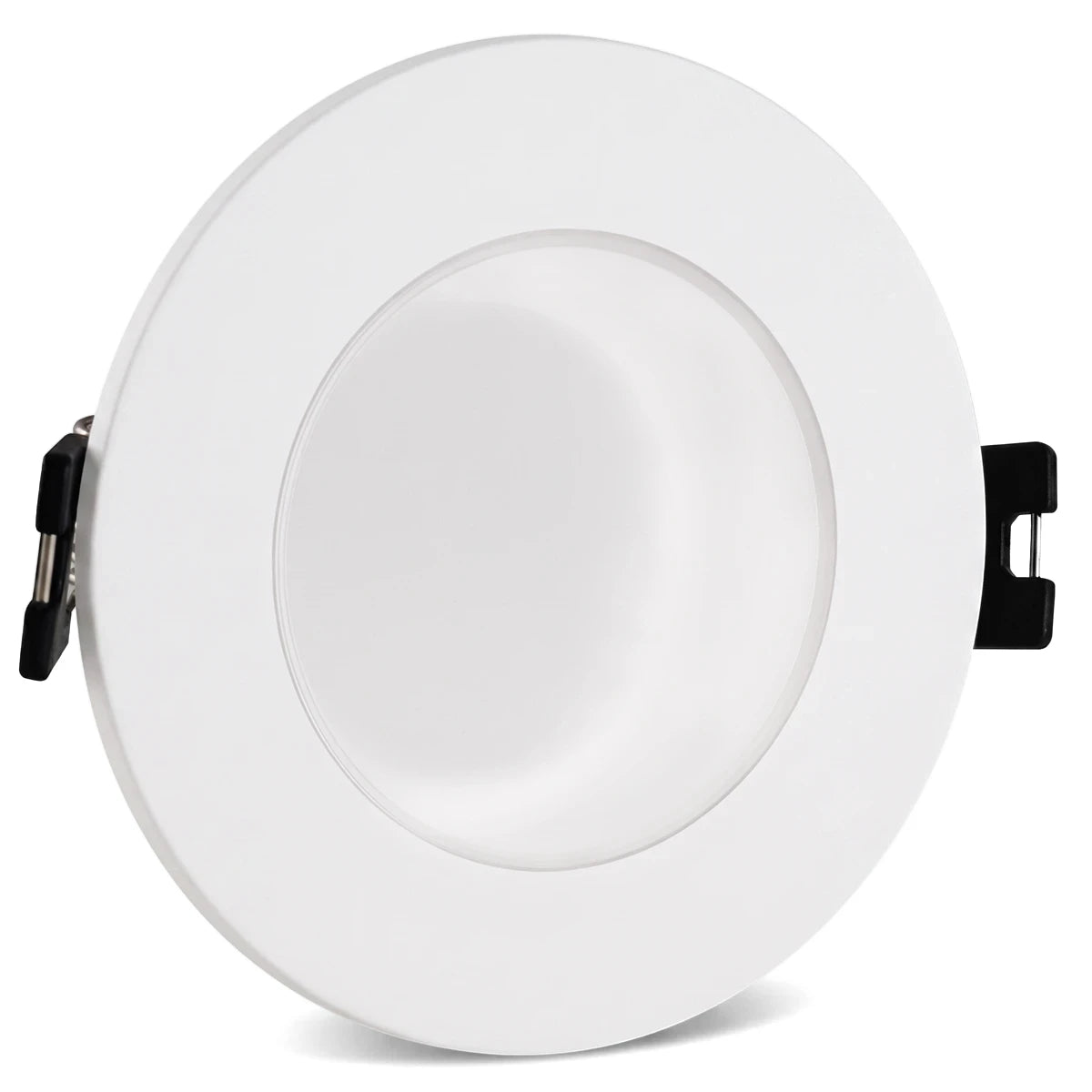 Straight white polycarbonate downlight with a clear cover, featuring black mounting clips, for recessed ceiling installation.