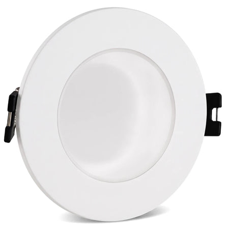 Straight white polycarbonate downlight with a clear cover, featuring black mounting clips, for recessed ceiling installation.