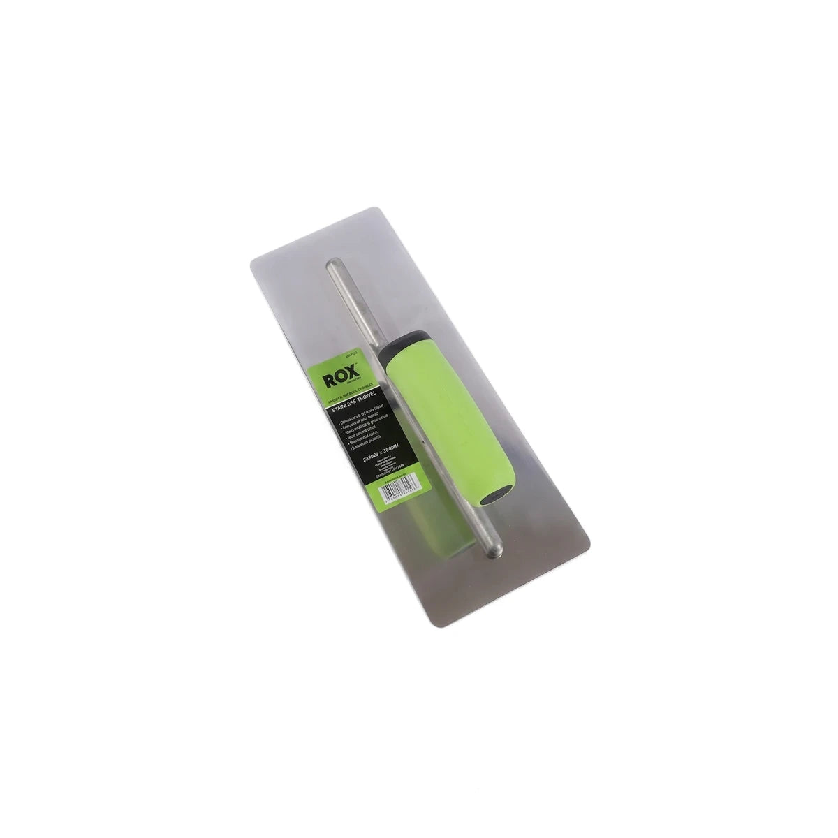 A professional-grade stainless steel stucco trowel with a vibrant green ergonomic handle, displayed at an angle.