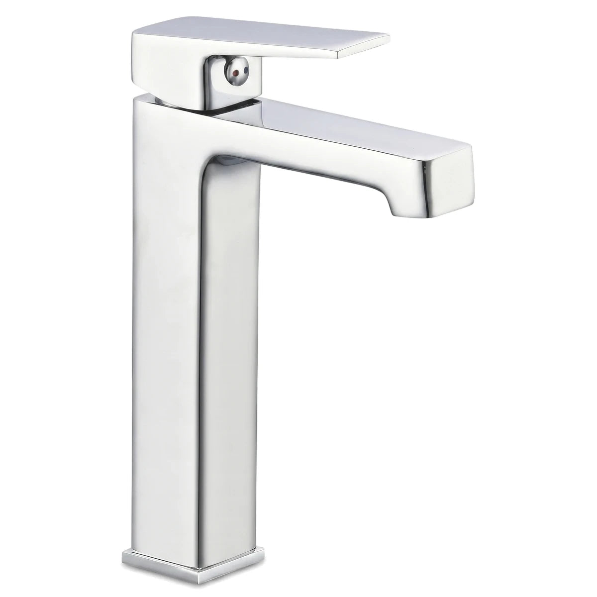 A polished chrome Studio Raised Basin Mixer with a sleek, modern design and a single handle control. Presented on a plain