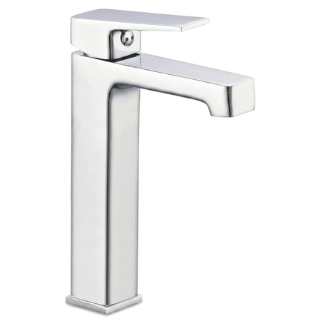 A polished chrome Studio Raised Basin Mixer with a sleek, modern design and a single handle control. Presented on a plain