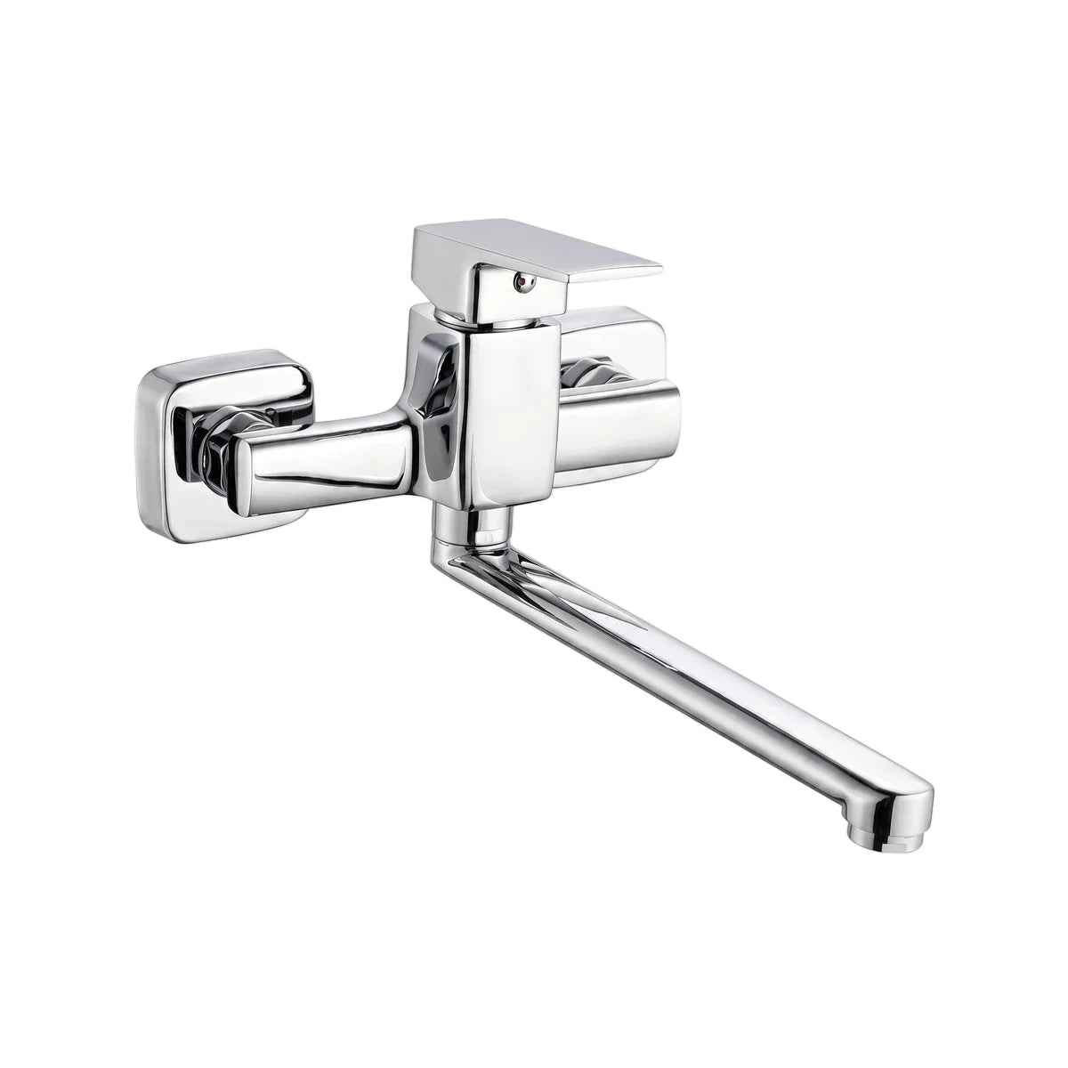 Studio Wall-Type Sink Mixer in polished chrome with a single lever handle and a long rectangular spout, front view.