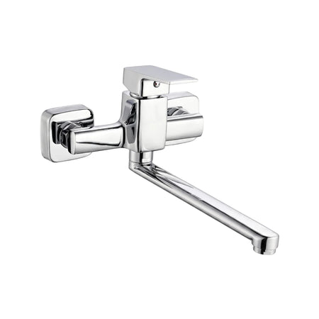 Studio Wall-Type Sink Mixer in polished chrome with a single lever handle and a long rectangular spout, front view.
