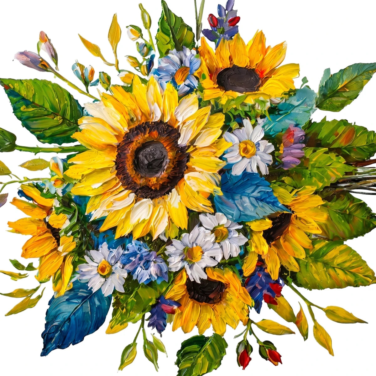 An oil painting depicting a vibrant sunflower bouquet with white daisies and blue flowers, detailed with green leaves.