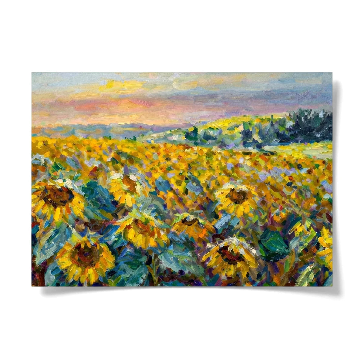 Decoupage sheet featuring an oil painting of a vibrant sunflower field at sunset, 400x300mm size.