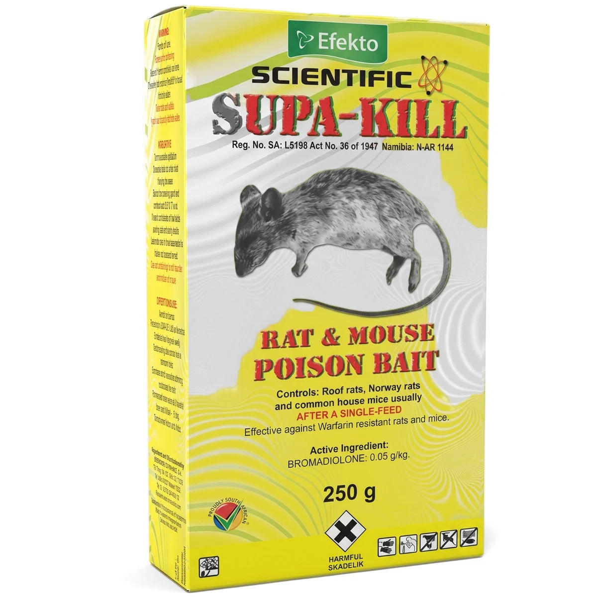 Supa-Kill Granular 250G Rodent Repellent in a yellow box with a mouse illustration for effective rat and mouse control.