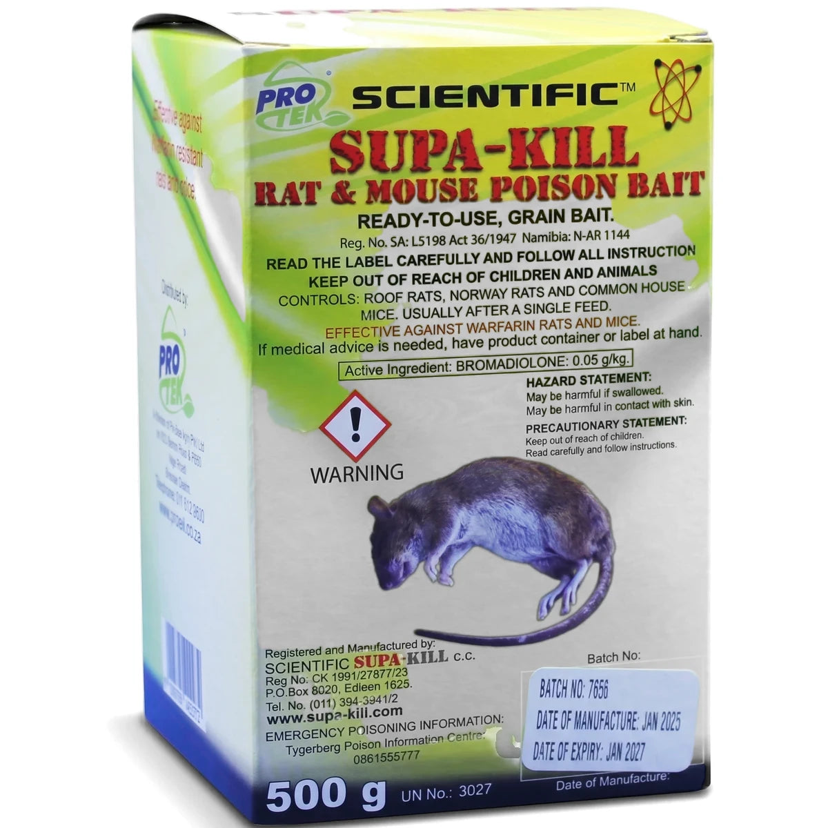 Supa-Kill Granular 500G Rodent Repellent box, green and yellow, for rats and mice. Front view shows product details and rat