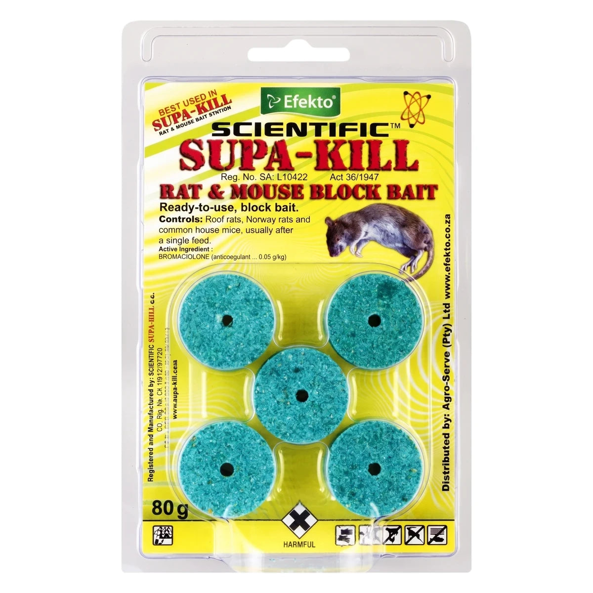 Supa Kill Rat & Mouse Block Bait 80 G Rodent Repellent in clear blister packaging, showing five teal/green bait blocks and