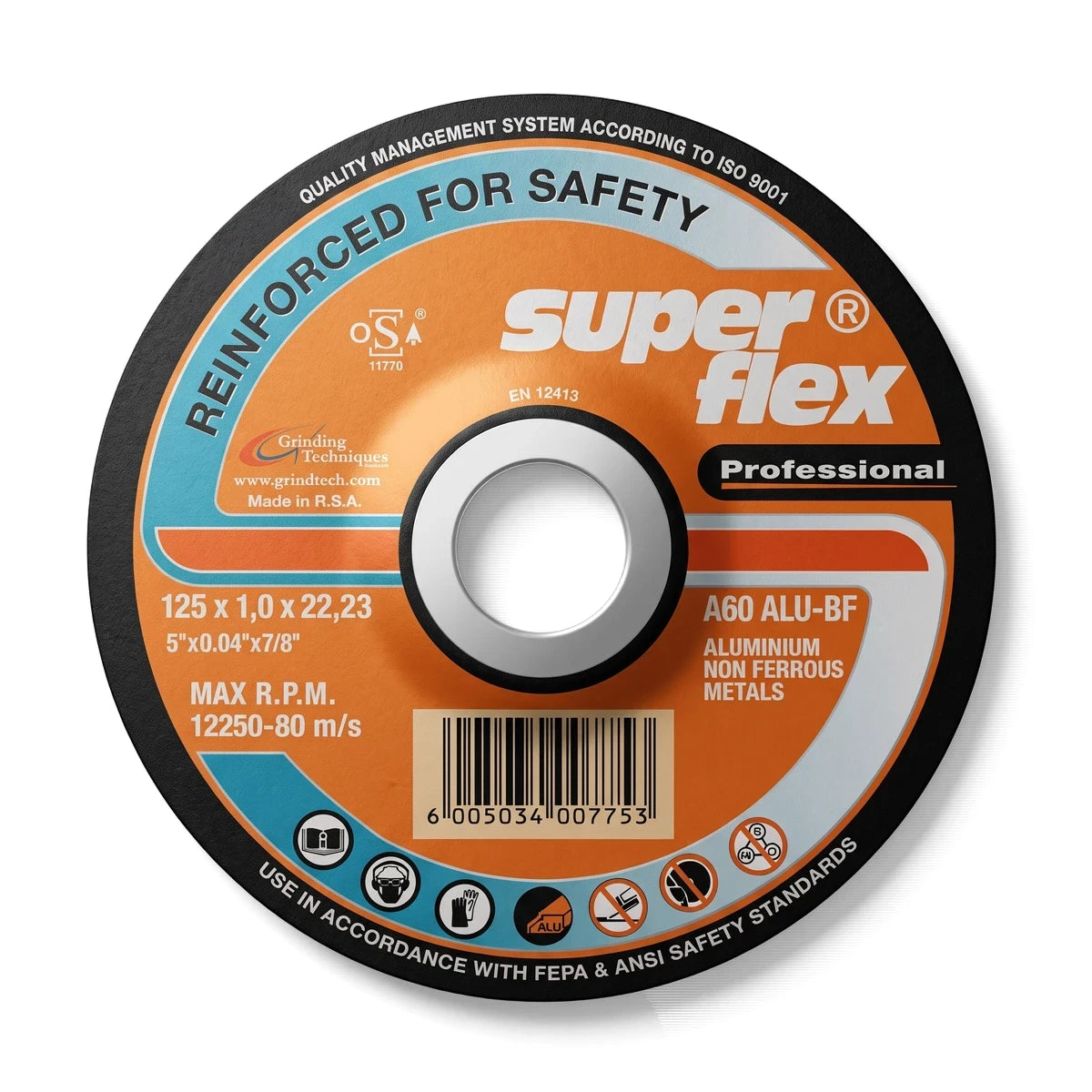 Super flex Aluminium Cutting disc, circular orange and blue abrasive tool for non-ferrous metals.