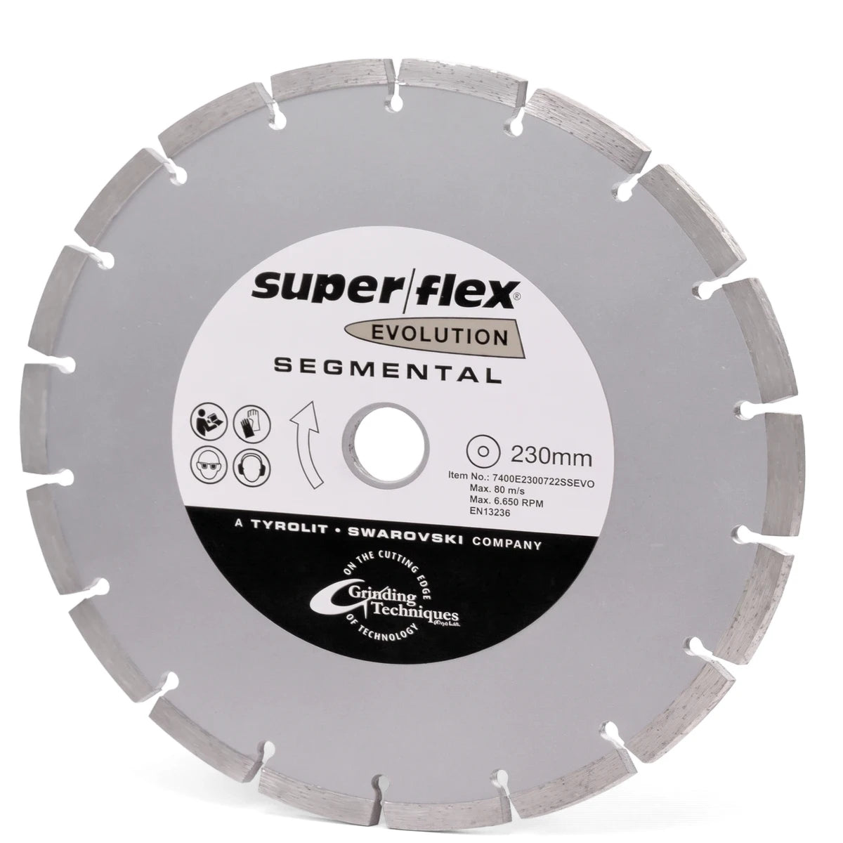 Super flex Evolution Segmental Diamond Blade disc, a grey circular grinding tool with 230mm diameter, featuring visible