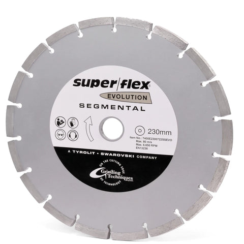 Super flex Evolution Segmental Diamond Blade disc, a grey circular grinding tool with 230mm diameter, featuring visible