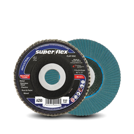 Two Super flex flap discs, one teal and one black, for industrial grinding of metal, wood, and plastics.