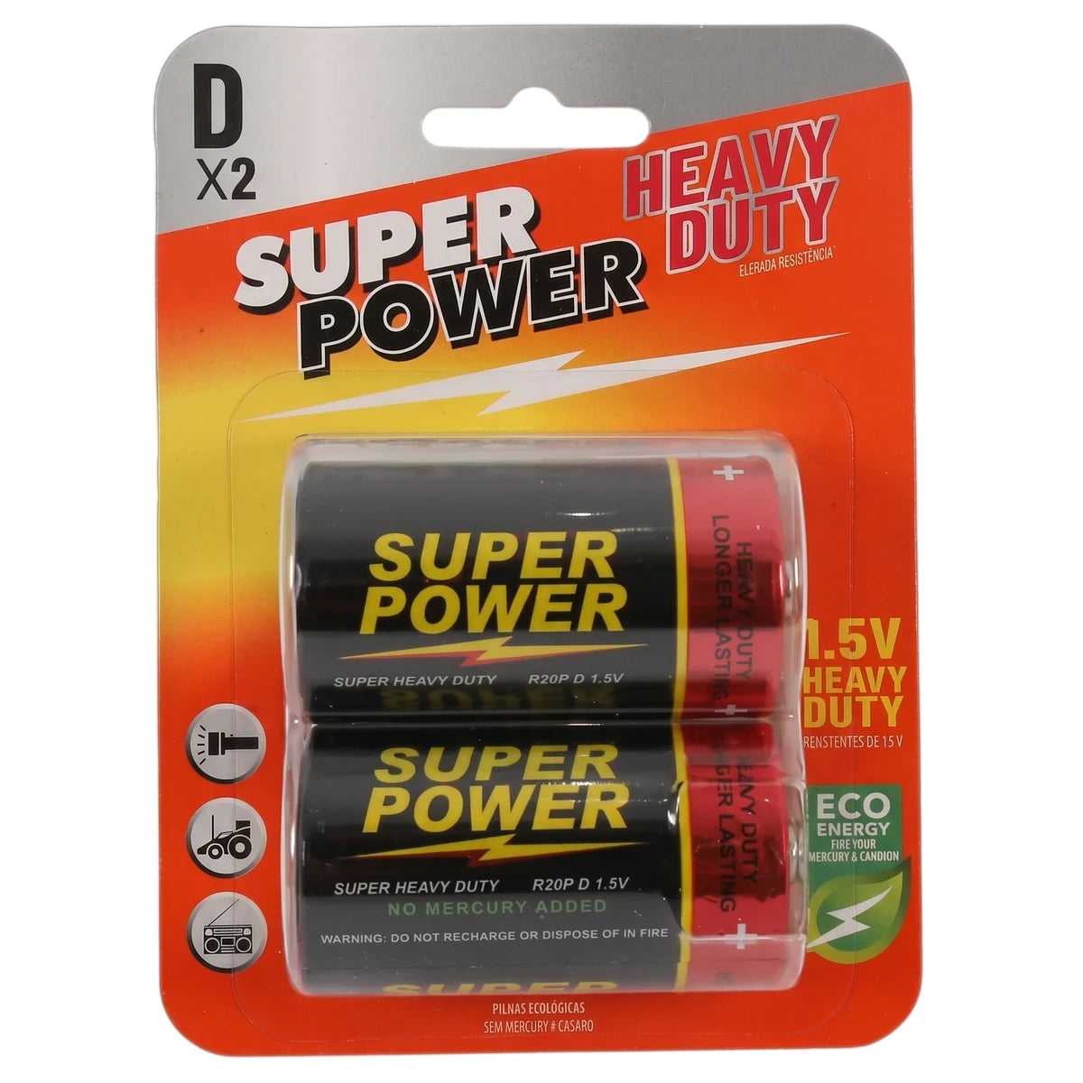 Super Power Heavy Duty D 1.5V 2-pack batteries in red and black blister packaging, showcasing eco-friendly features.