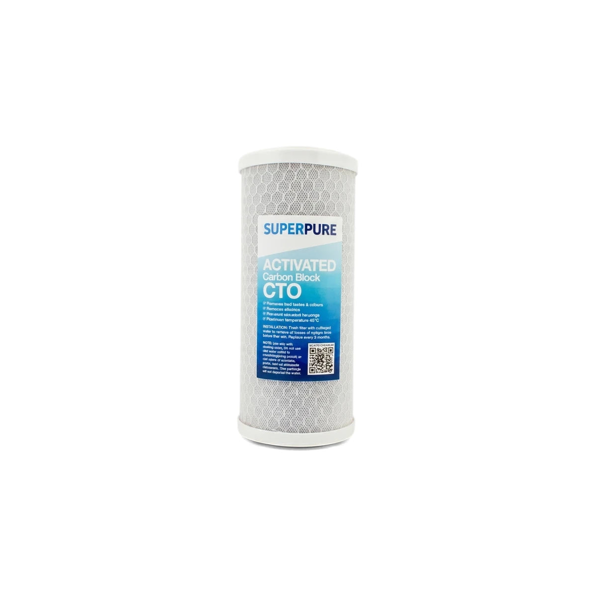 Superpure 10-inch Activated Carbon Block CTO water filter cartridge with a blue label and white textured body, standing