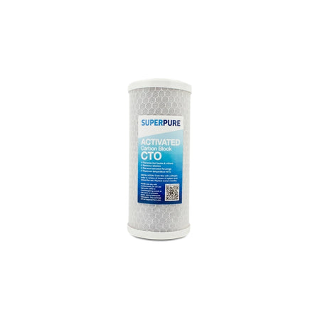Superpure 10-inch Activated Carbon Block CTO water filter cartridge with a blue label and white textured body, standing