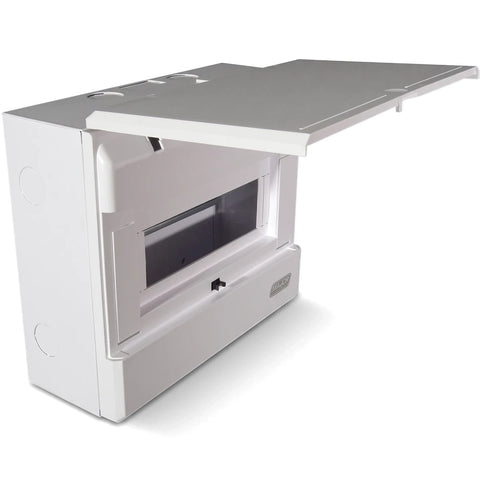 White surface electrical distribution board with an open lid, revealing an internal steel tray.
