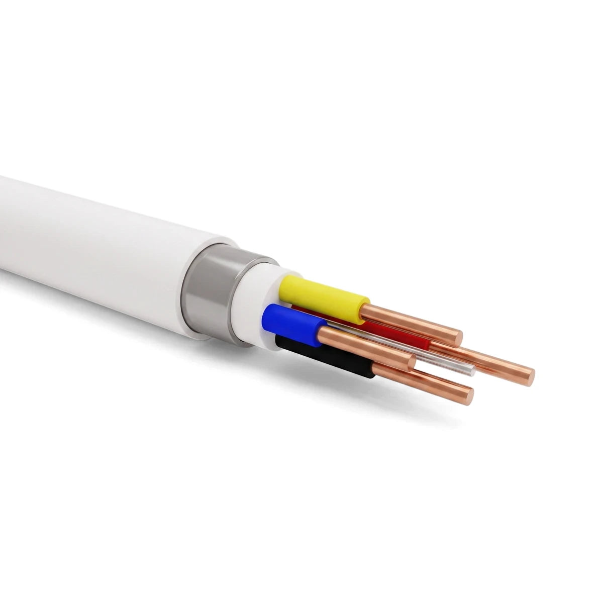 Close-up of a Surfix Round Norsk 1.5mmx4 electrical cable, cut open to reveal white, gray, yellow, blue, black, red, and
