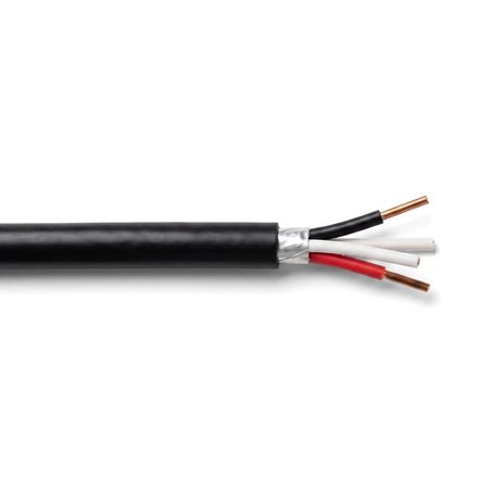 Close-up of a Surfix Round Norsk electrical cable, black outer jacket stripped to show four internal wires: black, white,