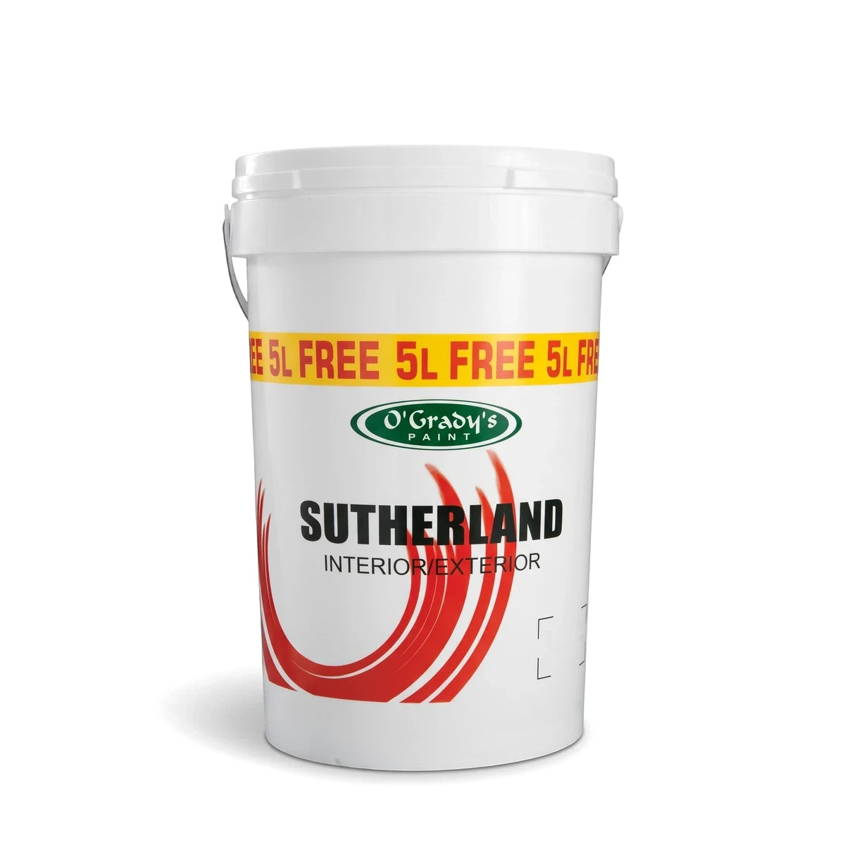 White O'Grady's Sutherland Interior/Exterior paint bucket, 5L, with green and red label.