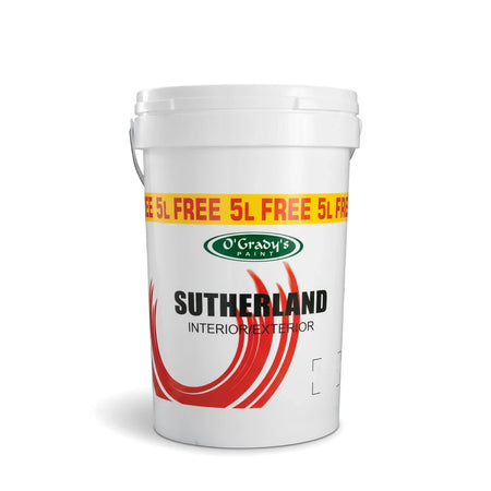 White O'Grady's Sutherland Interior/Exterior paint bucket, 5L, with green and red label.