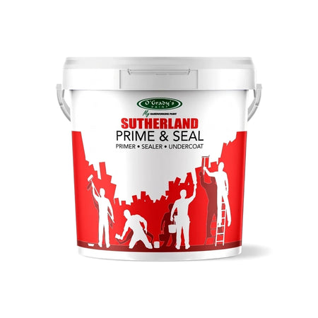 Sutherland Prime & Seal white paint bucket with a red and green label, featuring primer, sealer, and undercoat information.