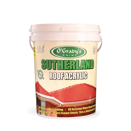 White 20L O'Grady's Sutherland Roof Acrylic paint bucket, featuring a red tiled roof graphic and product information.