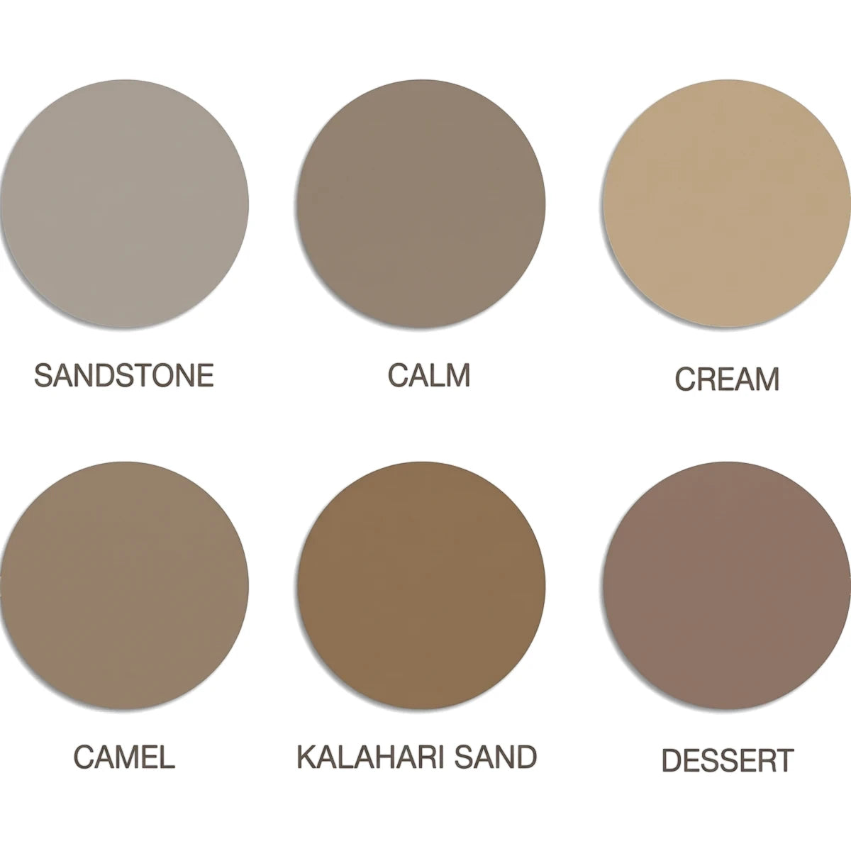 SUTHERLAND TEXTURED ACRYLIC COATING color chart featuring six circular swatches in Sandstone, Calm, Cream, Camel, Kalahari