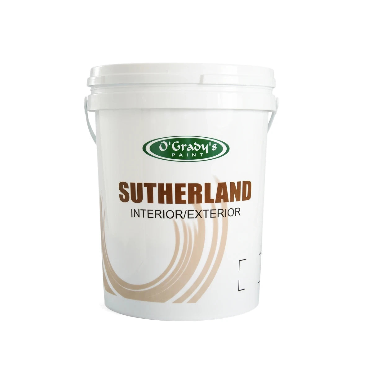 White O'Grady's Sutherland Interior/Exterior Textured Acrylic Coating paint bucket with green logo and brown lettering,