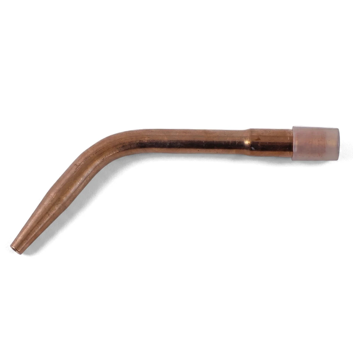 Copper-colored Swaged Nozzle No 5 Nozzel, a welding and cutting torch accessory, displayed horizontally with a curved tip.