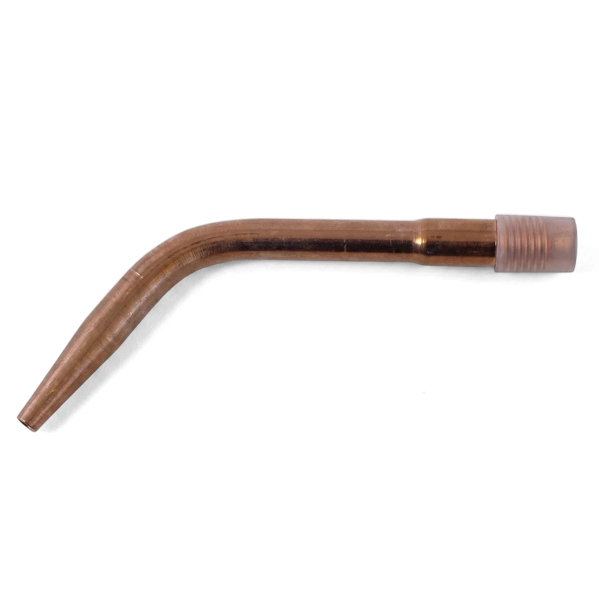 A copper-colored Swaged Nozzle No 7, featuring a curved design and a cream-colored connection point, used for welding and
