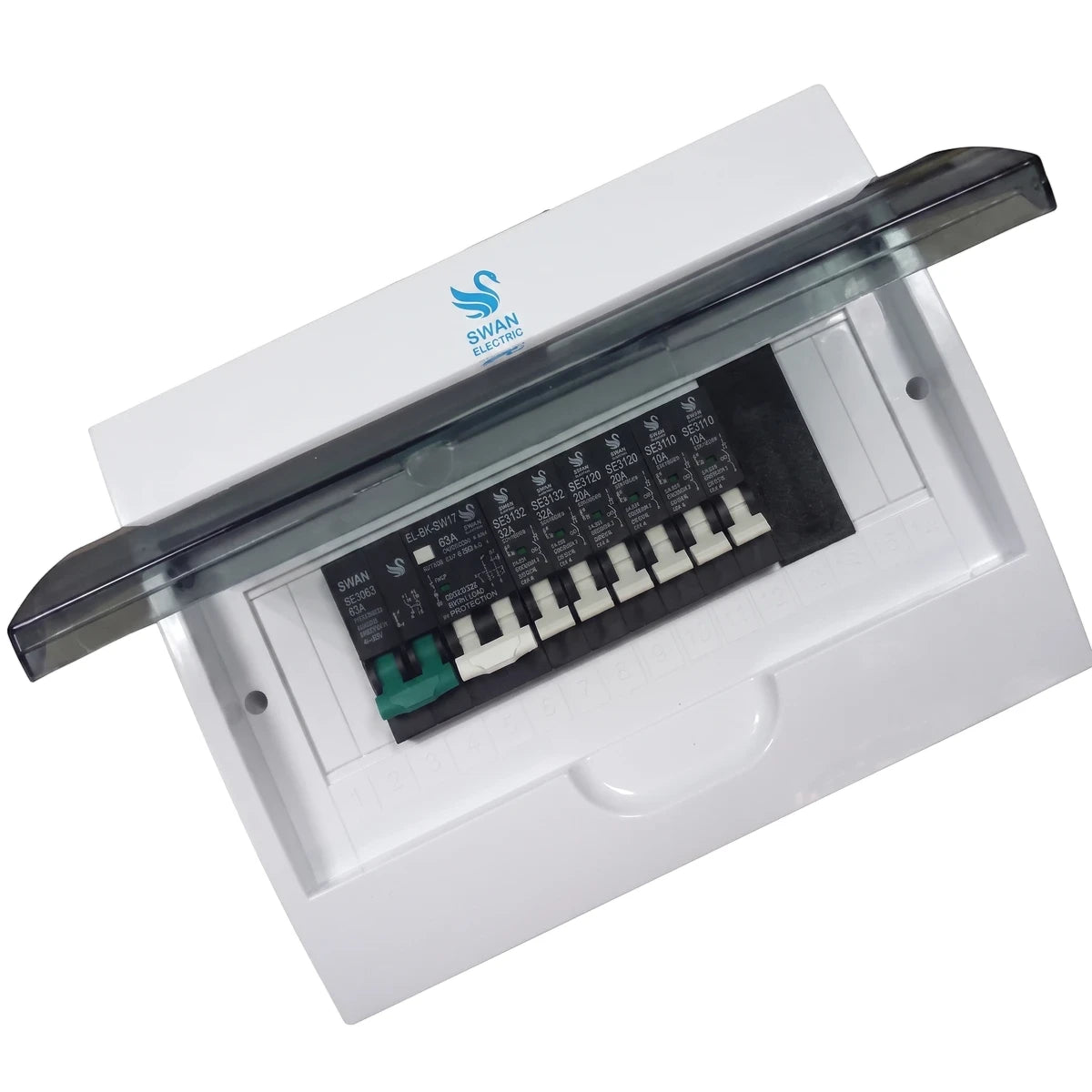 White Swan Electric 16 way surface budget distribution board enclosure with clear cover and multiple circuit breakers,