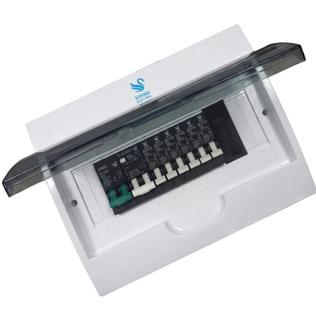 White Swan Electric 16 way surface budget distribution board enclosure with clear cover and multiple circuit breakers,