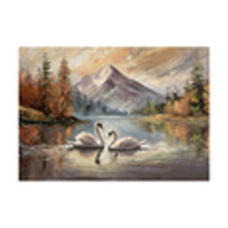 A tranquil painting depicting two white swans facing each other on a serene lake, surrounded by autumn trees and a majestic
