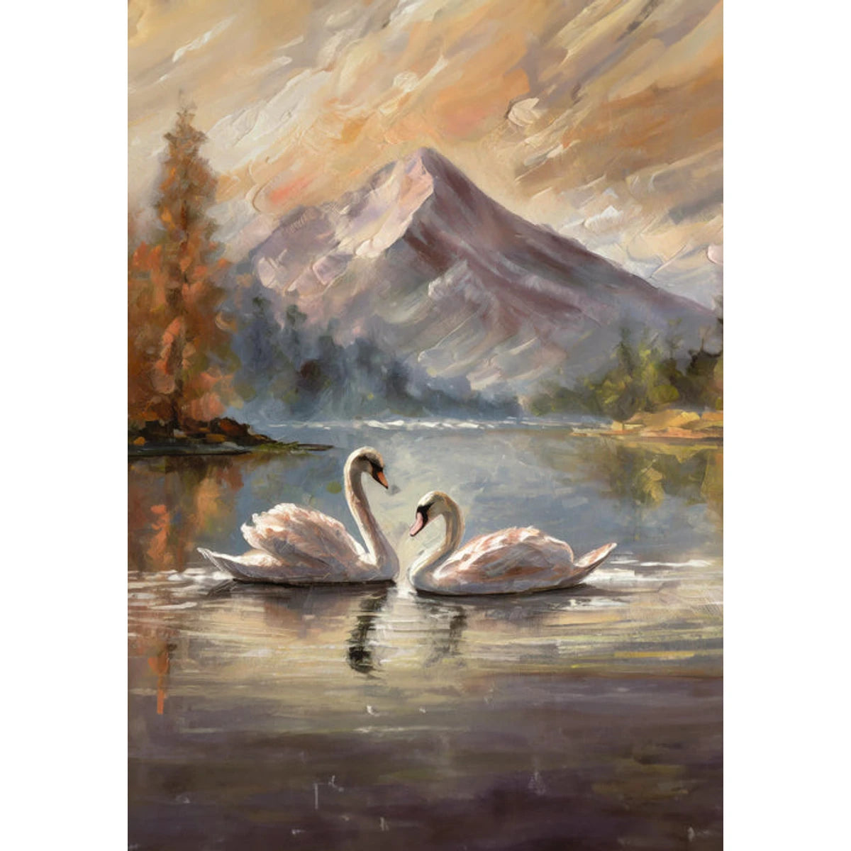 A serene painting of two white swans on a calm lake, facing each other, with majestic mountains and autumn trees under a