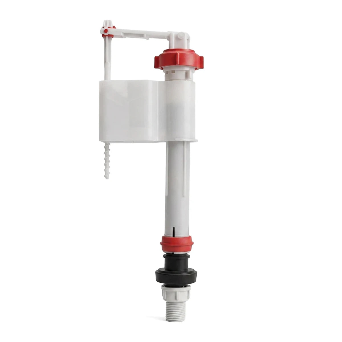 Swanflo Bottom Inlet Toilet Valve made of white and red plastic, shown vertically from the front, ready for installation.