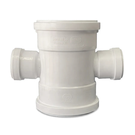 A white plastic SwanFlo Soil/Vent Double Reducing Junction, 110mm x 50mm, with an 87.5-degree angle for plumbing systems.