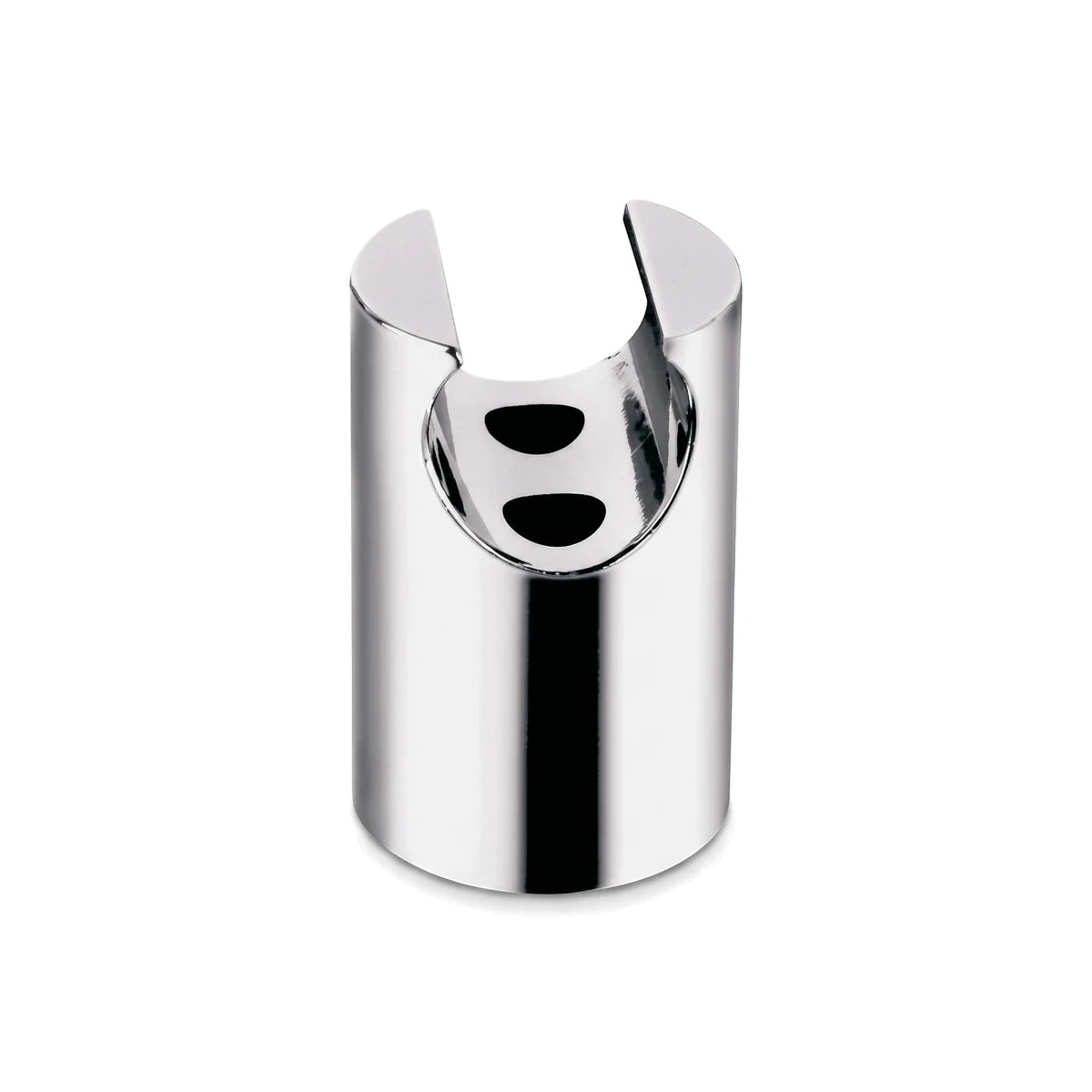 Chrome Sweda holder plumbing fitting, support for pipes, with a polished finish and a cut-out top design.