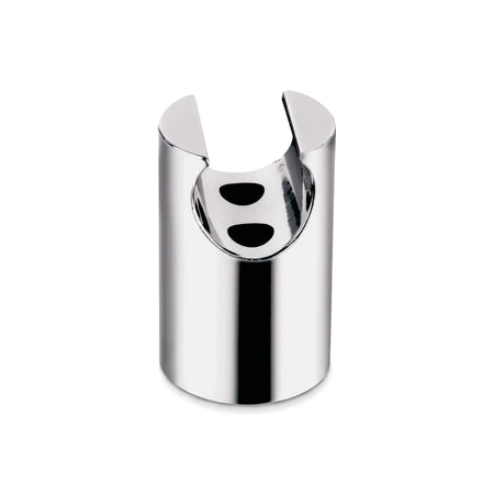 Chrome Sweda holder plumbing fitting, support for pipes, with a polished finish and a cut-out top design.