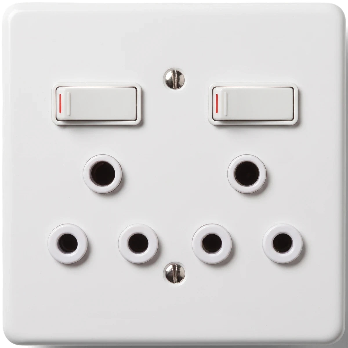 White double gang 16A switch socket, featuring two switches and six outlets, mounted on a square faceplate.