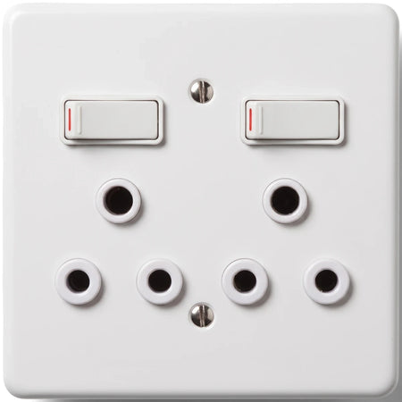 White double gang 16A switch socket, featuring two switches and six outlets, mounted on a square faceplate.