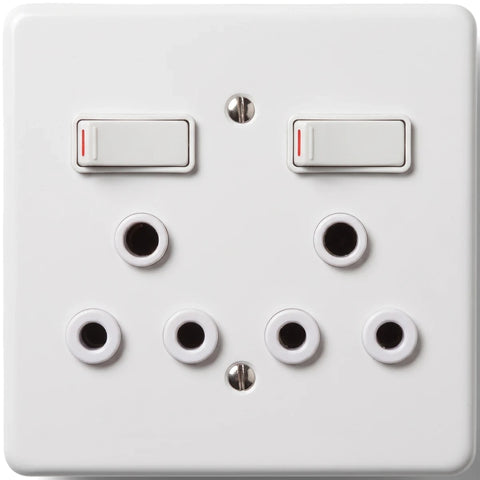 White double gang 16A switch socket, featuring two switches and six outlets, mounted on a square faceplate.