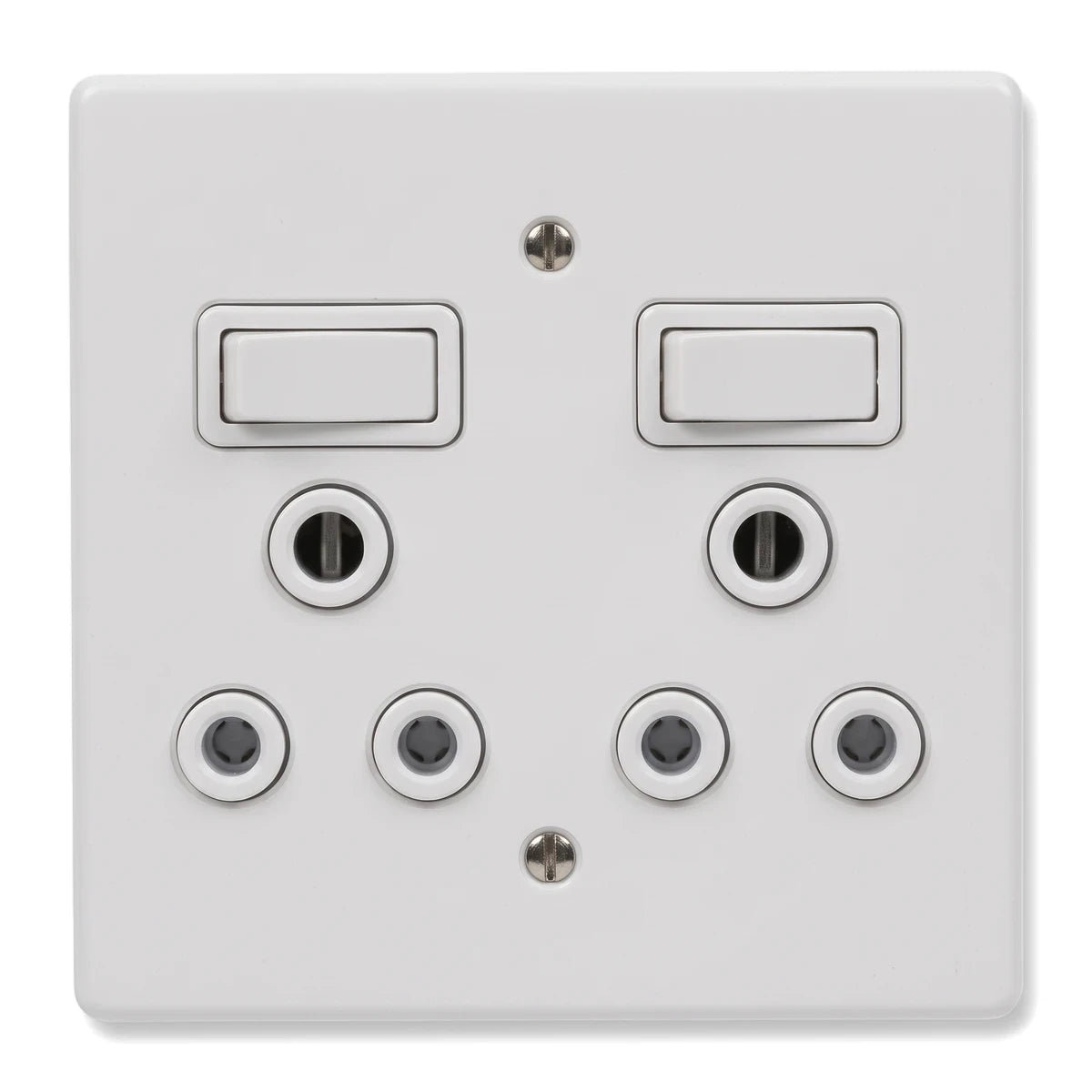 White double switch socket, 100x100mm, with two rectangular switches and four circular ports for electrical connections.