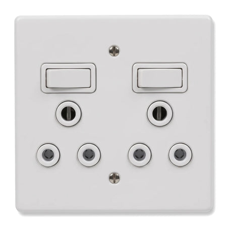 White double switch socket, 100x100mm, with two rectangular switches and four circular ports for electrical connections.