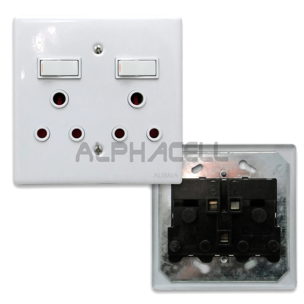 White double switch socket with two switches and six pinholes, shown from a three-quarter view with a partial view of its