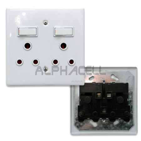 White double switch socket with two switches and six pinholes, shown from a three-quarter view with a partial view of its