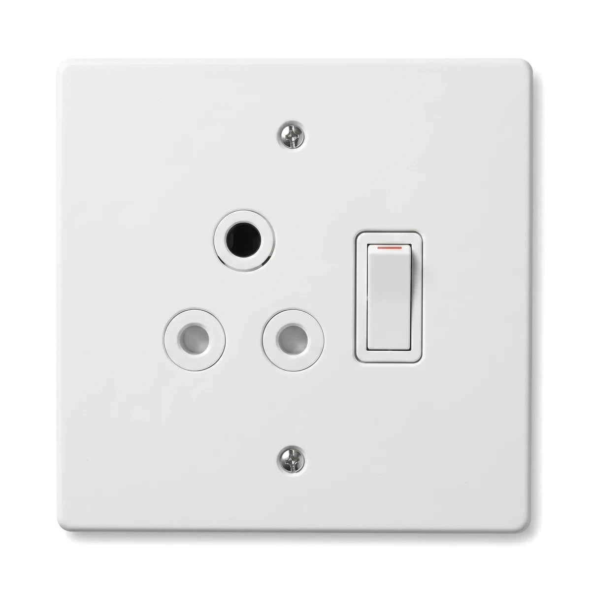 A single white electrical switch socket with three circular outlets and a rectangular rocker switch, mounted on a steel