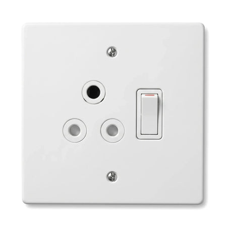 A single white electrical switch socket with three circular outlets and a rectangular rocker switch, mounted on a steel