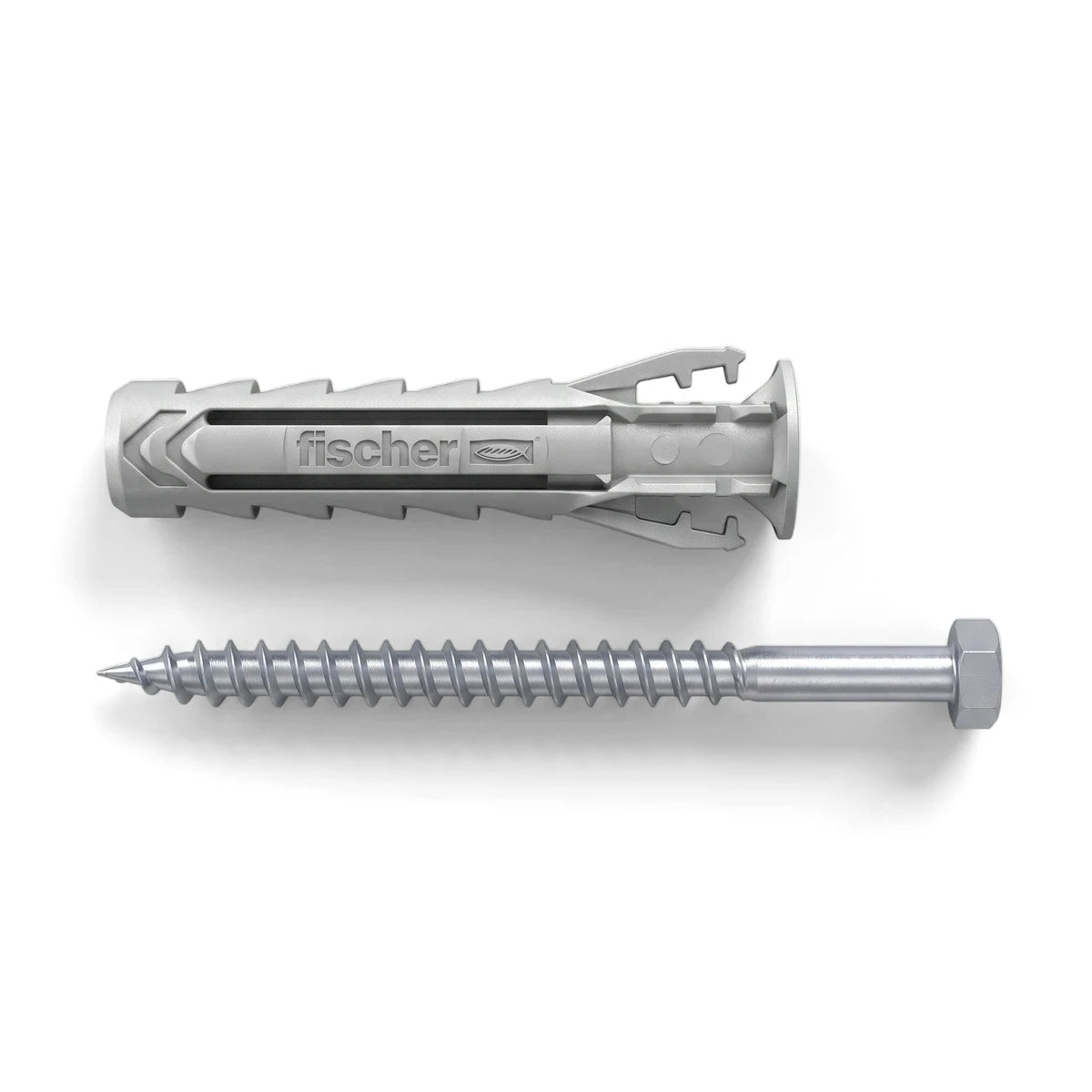 Grey plastic Sx Plus 5 K Connector anchor paired with a silver hex head lag screw, viewed from above, for heavy-duty