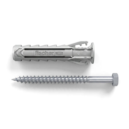 Grey plastic Sx Plus 5 K Connector anchor paired with a silver hex head lag screw, viewed from above, for heavy-duty