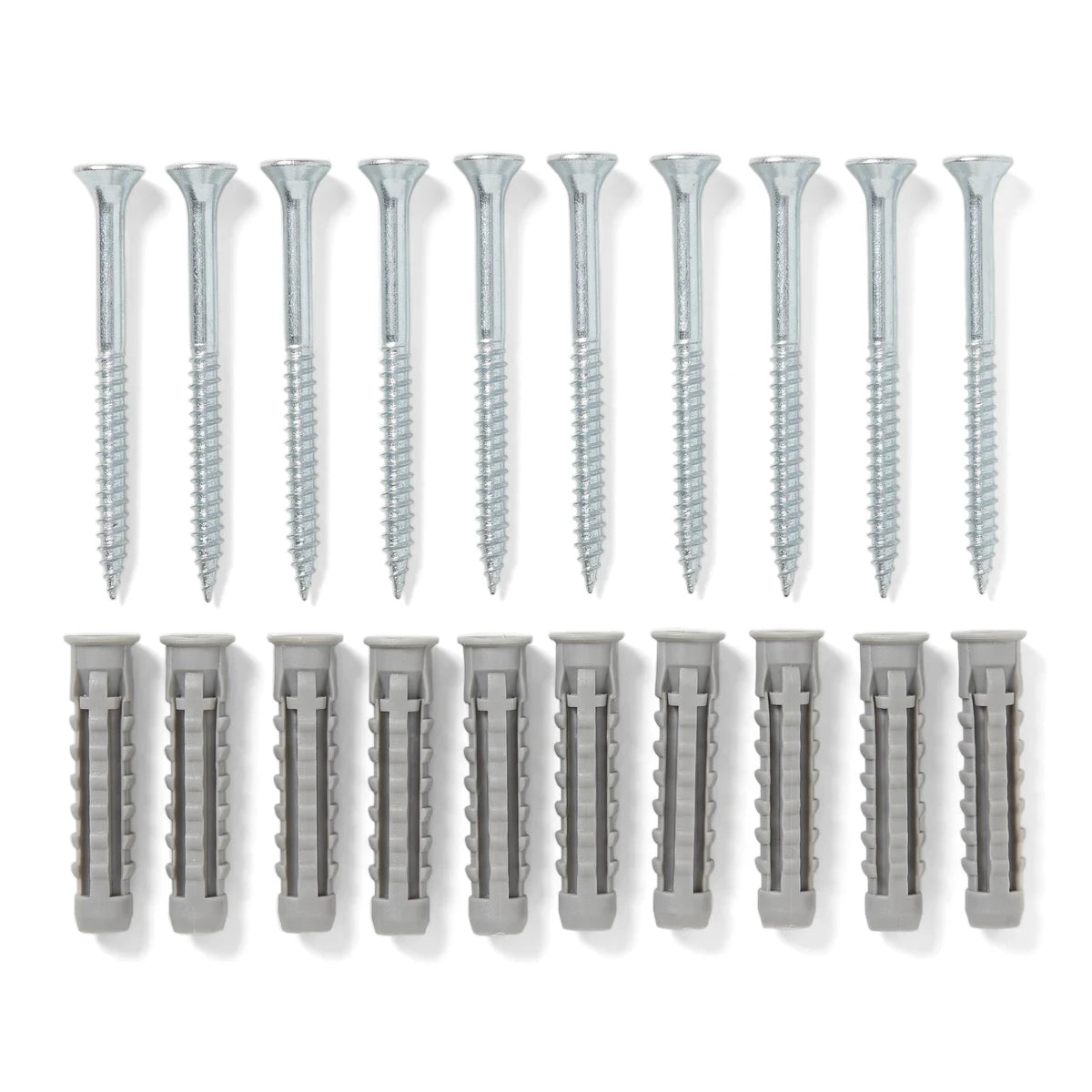 Sx Plus 8 K plug top wall plug set with matching metal screws, grey plastic plugs, shown in a top view